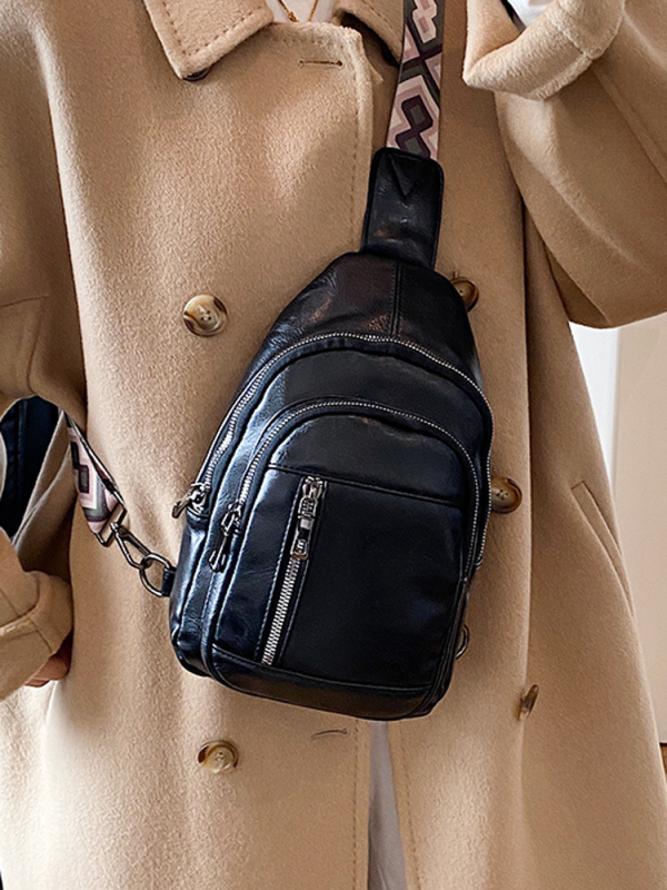 Geantă de piept pentru femei — Simplitate urbană, PU, Fermoar, Compartiment pentru documente, Iarna 2025
