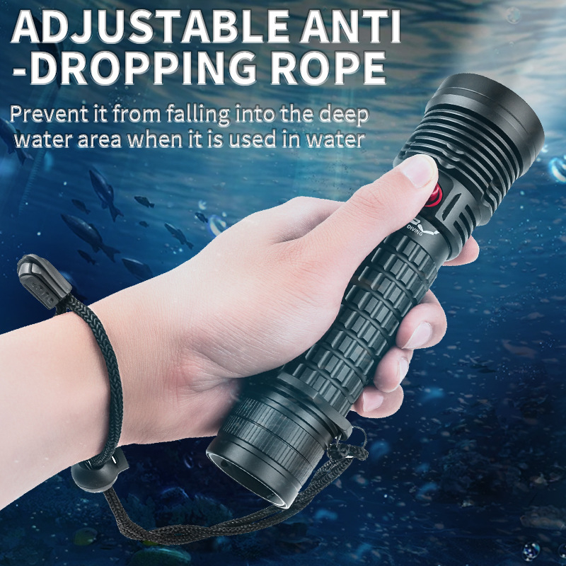 Lanteră de scufundări LED 10W, corp din aluminiu, rază peste 500 metri, reîncărcabilă cu baterie încorporată sau 18650/26650, încărcător inclus