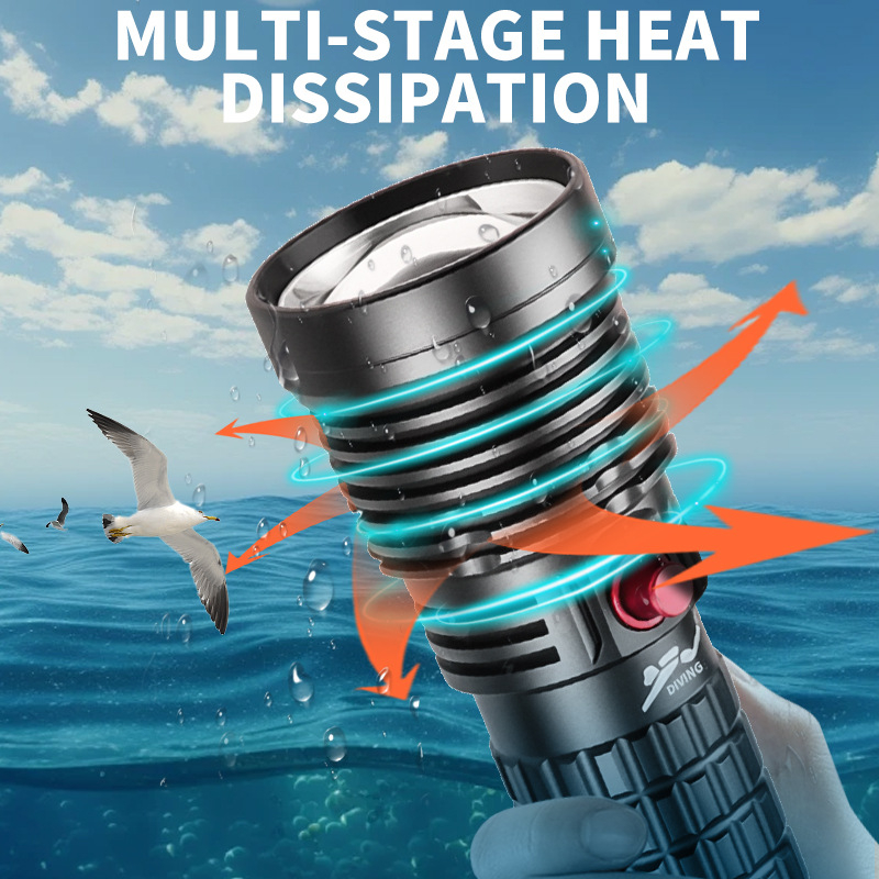 Lanteră de scufundări LED 10W, corp din aluminiu, rază peste 500 metri, reîncărcabilă cu baterie încorporată sau 18650/26650, încărcător inclus