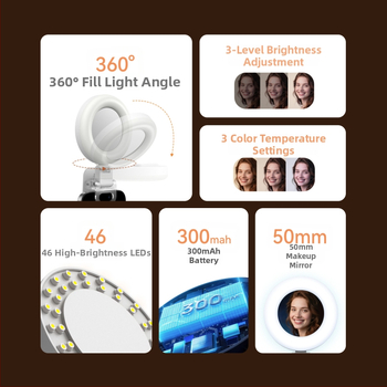 Telesin Mini lampă inel portabilă pentru telefon — lampă clip-on cu lumină difuză, 3 temperaturi de culoare, sub 10W, 5V