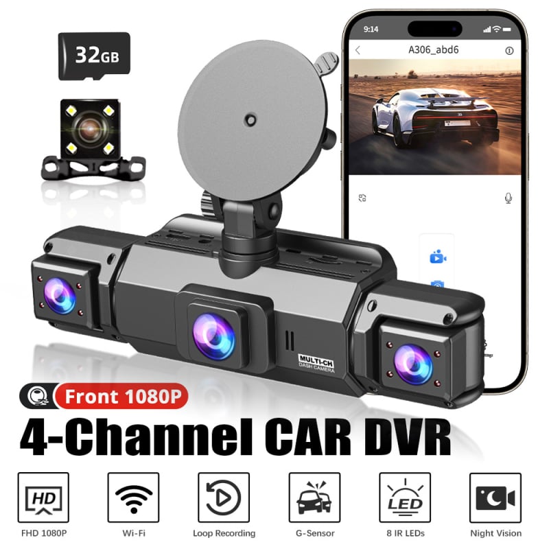 1080P dash kamera s noćnim vidom, četverokanalan zaslon, slika za parkiranje, povezanost sa pametnim telefonom