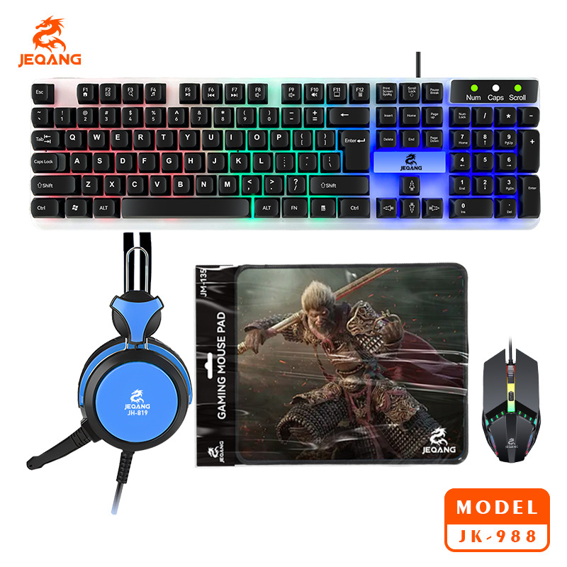 Štvormiestny káblový set: klávesnica, myš, slúchadlá a podložka s RGB podsvietením; 104 kláves, nožnicové spínače, ABS materiál, káblové pripojenie, kompatibilný s desktopom