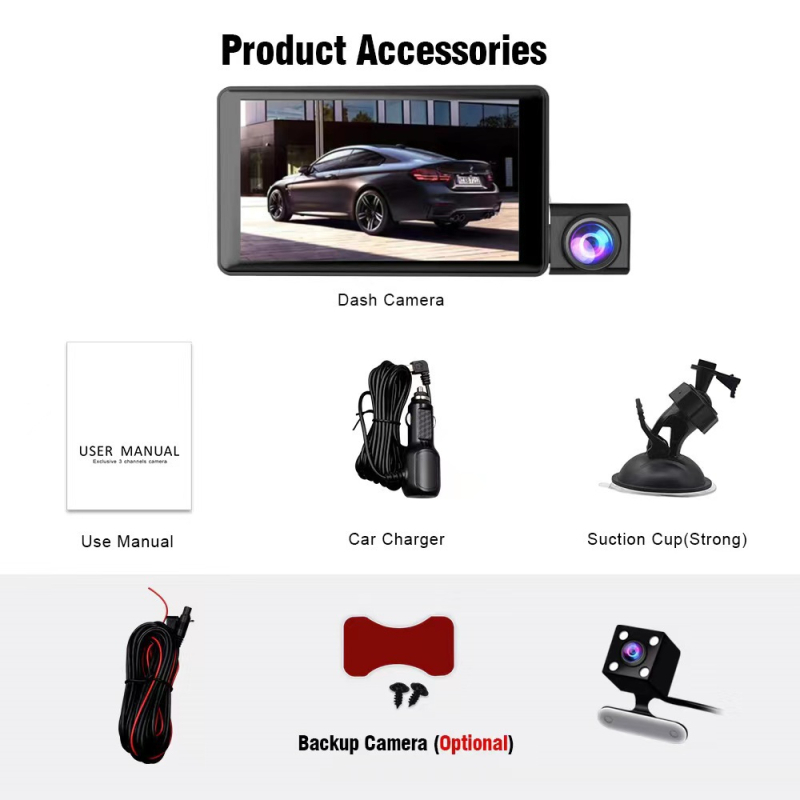 Автомобилен видеорегистратор с тройно заснемане: преден и заден, 9,66-инчов сензорен дисплей, 1080p, 170° обектив, F1.8, цикличен запис, нощно виждане