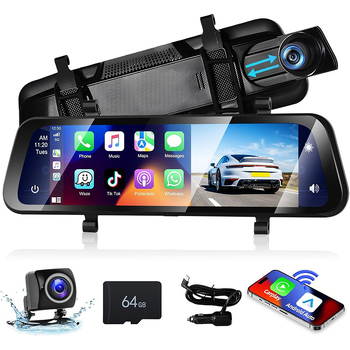 Видеорегистратор за автомобил с безжичен CarPlay и Android Auto, преден и заден 4K запис, двуканален, 170° широк ъгъл, 64GB TF карта