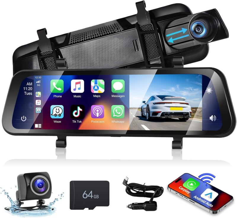 Видеорегистратор за автомобил с безжичен CarPlay и Android Auto, преден и заден 4K запис, двуканален, 170° широк ъгъл, 64GB TF карта