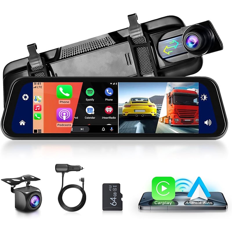 Видеорегистратор за автомобил с безжичен CarPlay и Android Auto, преден и заден 4K запис, двуканален, 170° широк ъгъл, 64GB TF карта