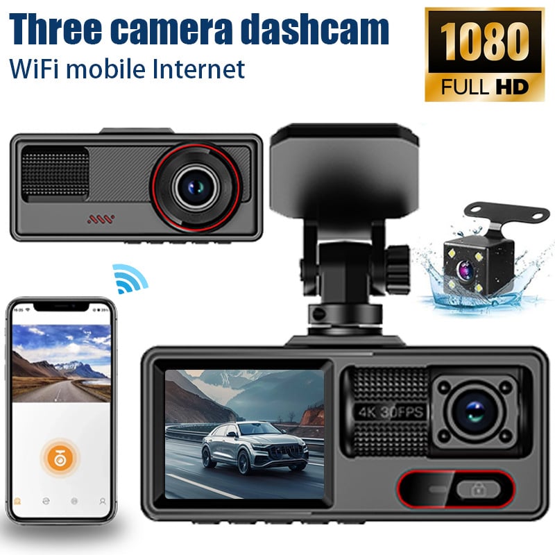 Automobilska dash kamera s tri leće i Wi‑Fi, 1080p, 140° kut, 2-inčni zaslon