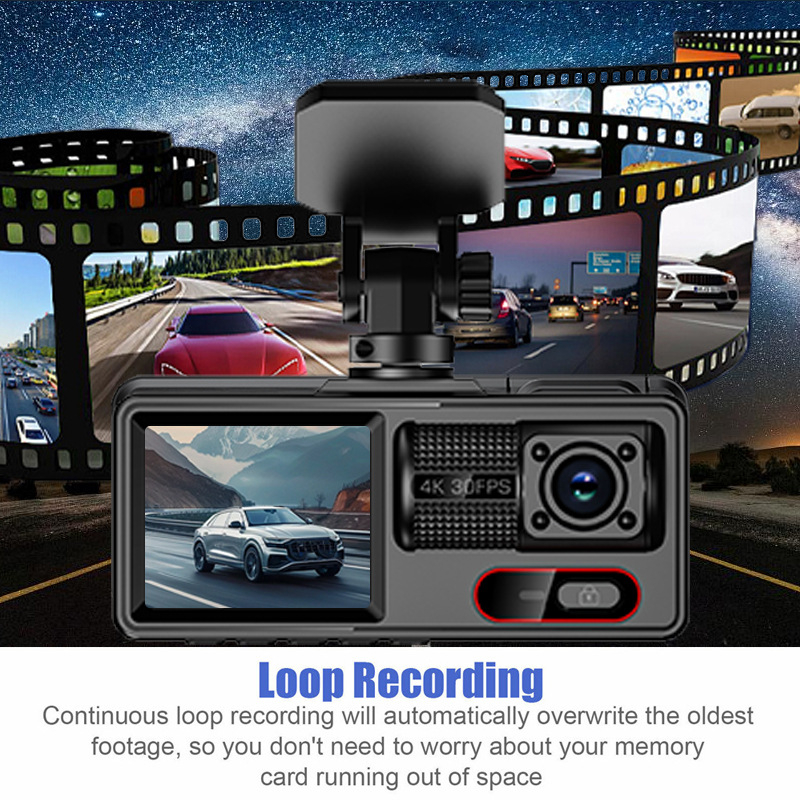 Automobilska dash kamera s tri leće i Wi‑Fi, 1080p, 140° kut, 2-inčni zaslon