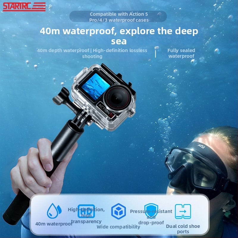 Carcasă impermeabilă pentru DJI Action 5 Pro/4/3, din plastic, cu adaptor GoPro, include tampon cu alcool și folie antifog