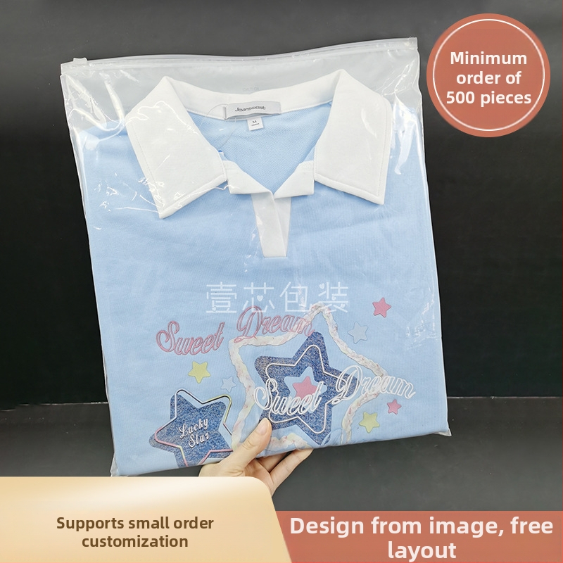 PE riidepakendi kott lukuga, läbipaistev, logoga trükiga, kahekordne paksus 10 silk