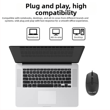 Káblový myš – 3 tlačidlá, 1000 DPI, USB, štvorcestné koliesko na rolovanie, kompatibilný s notebookom