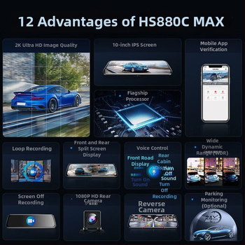 Lingdu огледало за обратно виждане с регистратор за шофиране, 360° панорамно предно и задно двойно заснемане, 160° ъгъл на снимане, 1440p резолюция, 4MP снимки, поддръжка за SD карта