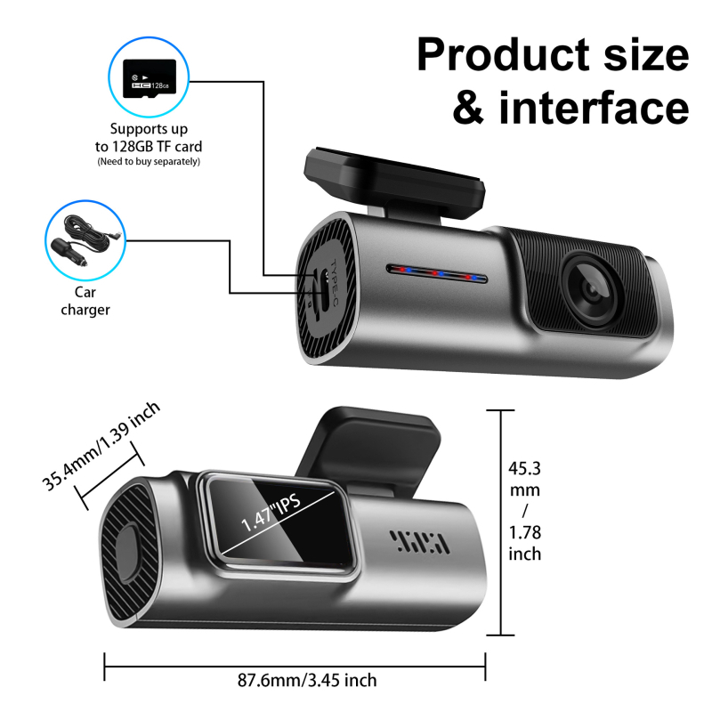 2K единична автомобилна видеорегистратор камера с Wi‑Fi, 170° ъгъл на видимост, 2160P видео, 14MP снимки, паркинг мониторинг и циклично записване