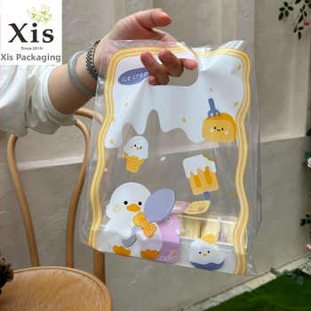 Permatomas sustiprintas plastikinis tote krepšys desertams ir kepiniams | dvigubo sluoksnio storis 11 | kasdienė gamyba 50000 | Prekės ženklas Xixi Da Packaging | Universalus tote krepšys | Rankenos dydis 2×7