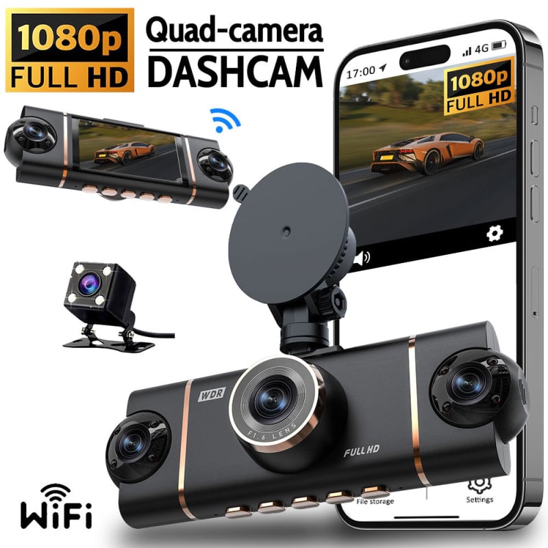 4-kanalni 1080p auto DVR s Wi‑Fi, 3,0-inčni zaslon, 140° širokokutni objektiv, nadzor parkiranja, montiranje na retrovizor