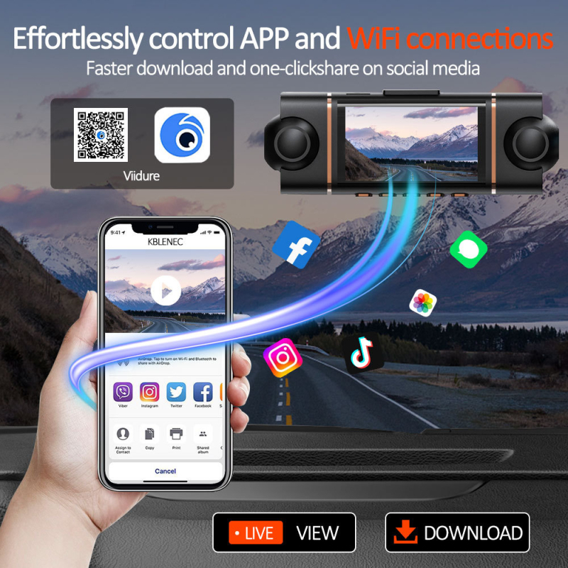 4-kanalni 1080p auto DVR s Wi‑Fi, 3,0-inčni zaslon, 140° širokokutni objektiv, nadzor parkiranja, montiranje na retrovizor