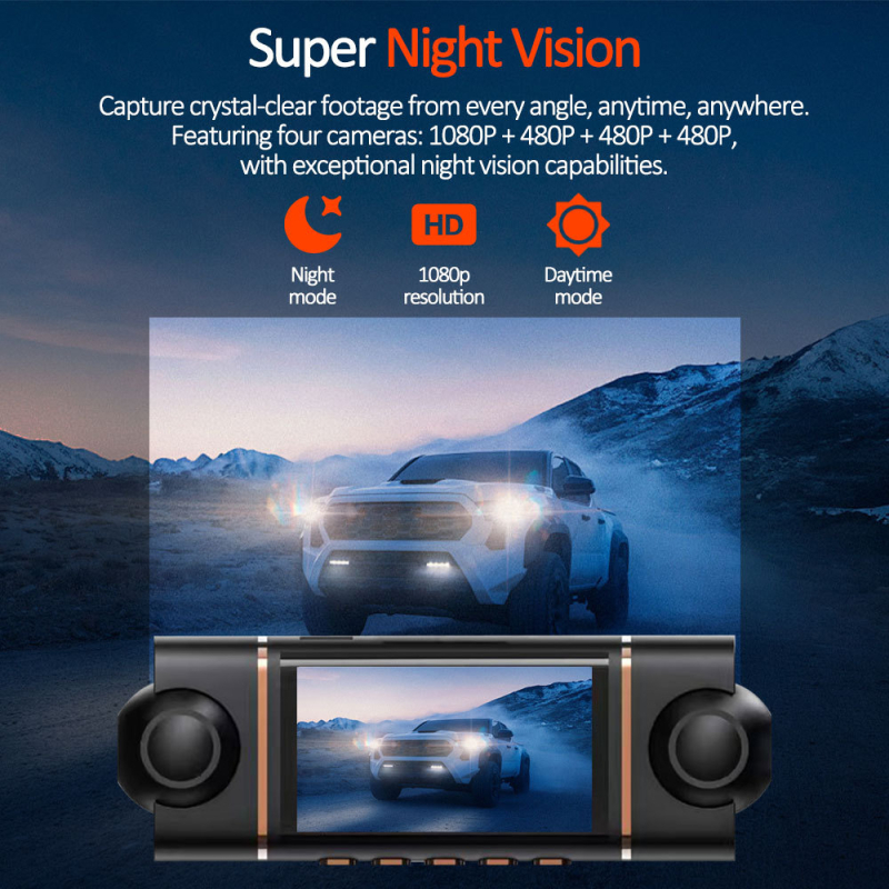 4-kanalni 1080p auto DVR s Wi‑Fi, 3,0-inčni zaslon, 140° širokokutni objektiv, nadzor parkiranja, montiranje na retrovizor