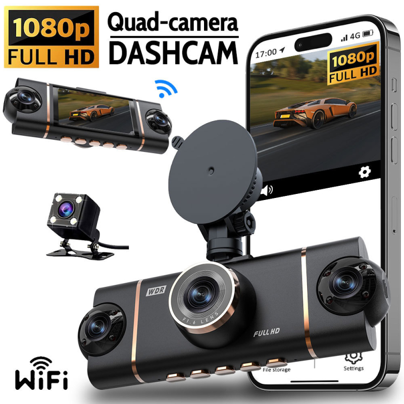 4-kanalni 1080p auto DVR s Wi‑Fi, 3,0-inčni zaslon, 140° širokokutni objektiv, nadzor parkiranja, montiranje na retrovizor