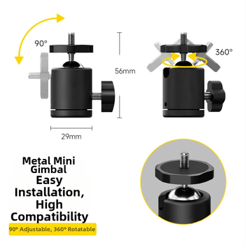 Universali metalinis gimbal stabilizatorius mobiliojo telefono kamerai, 360° pasukimas, sferinis aliuminio lydinys, svoris 38 g, vertikalus pasukimo kampas 90°