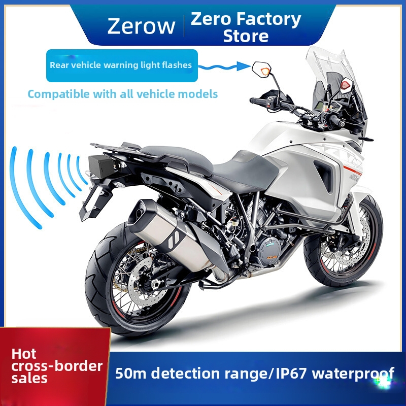 Zero Row MT-05 Motocikla aklo zonu monitors — 77 GHz mmWave radars, detekcijas diapazons 50 m, 12V barošana, skaņas atpakaļgaitas radars