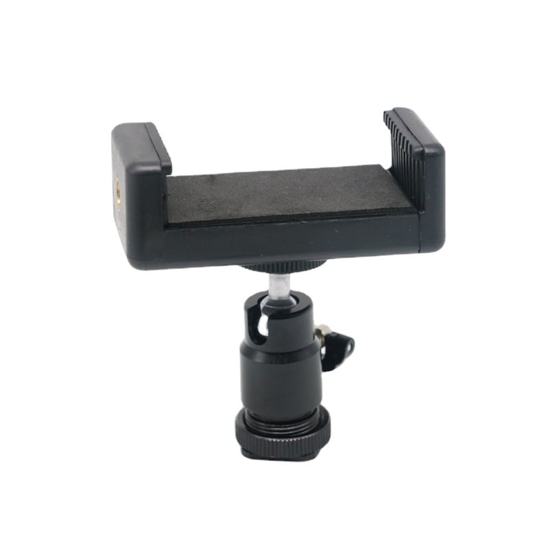 Suport hot shoe pentru cameră cu clip pentru telefon — metal, rotire 360°, greutate 65 g, compatibil cu telefoane de 5.5–8.5 inch
