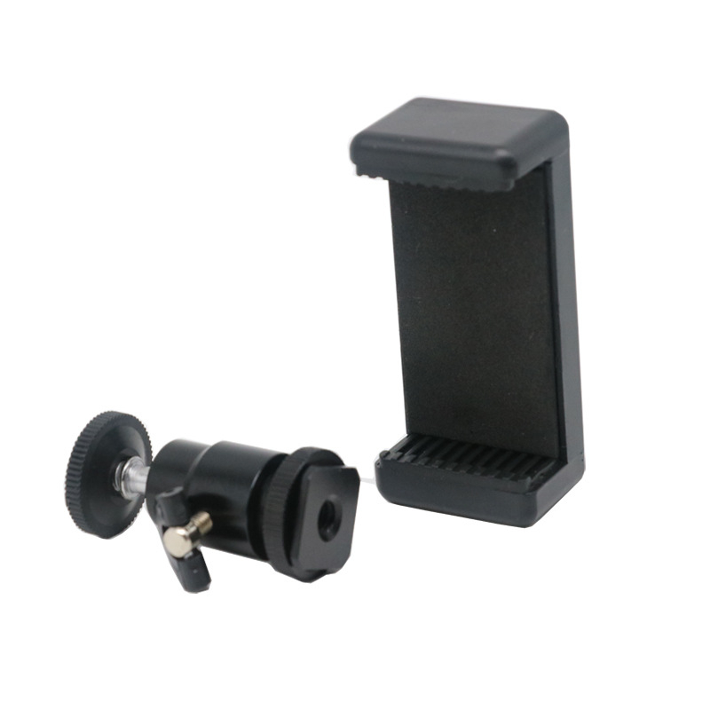 Suport hot shoe pentru cameră cu clip pentru telefon — metal, rotire 360°, greutate 65 g, compatibil cu telefoane de 5.5–8.5 inch