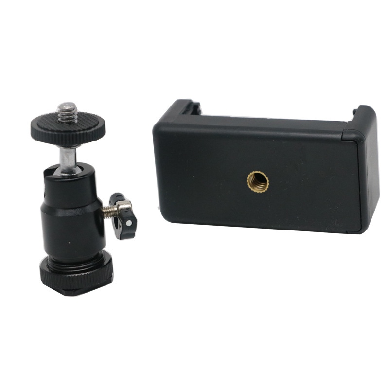 Suport hot shoe pentru cameră cu clip pentru telefon — metal, rotire 360°, greutate 65 g, compatibil cu telefoane de 5.5–8.5 inch