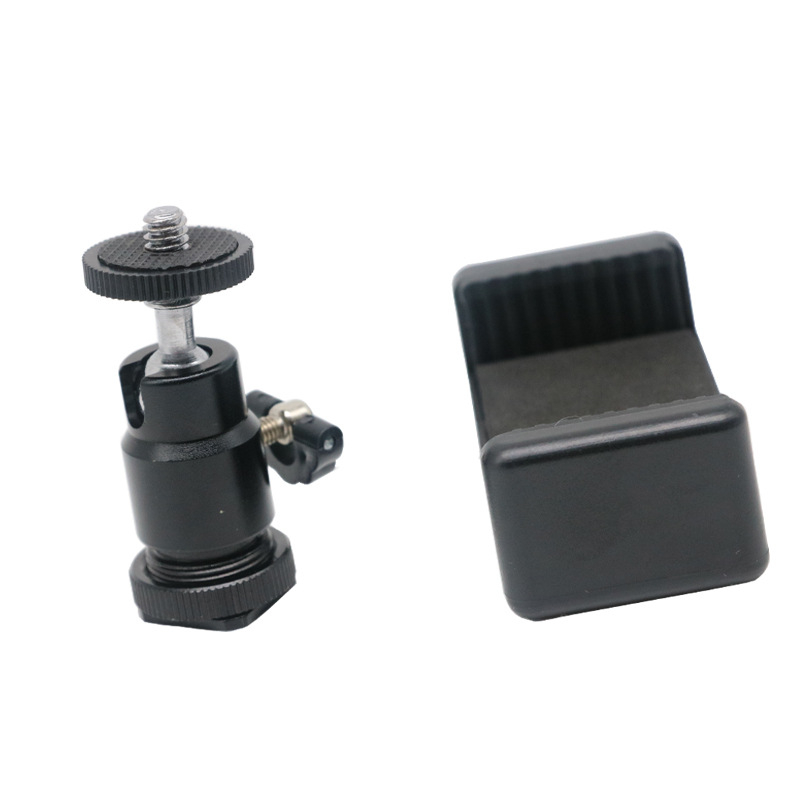 Suport hot shoe pentru cameră cu clip pentru telefon — metal, rotire 360°, greutate 65 g, compatibil cu telefoane de 5.5–8.5 inch