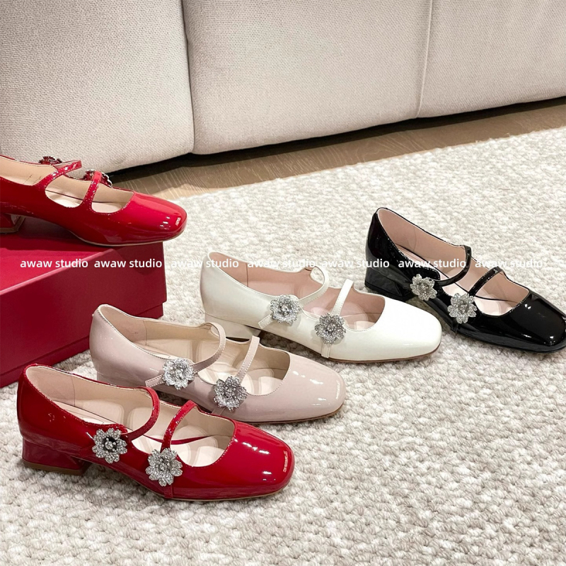 Pantofi Mary Jane pentru femei, vârf pătrat, piele lacuită, cataramă cu cristale în formă de floare, toc mic și gros, închidere cu cataramă, încălțăminte casual