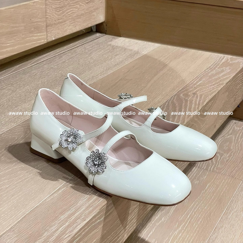 Pantofi Mary Jane pentru femei, vârf pătrat, piele lacuită, cataramă cu cristale în formă de floare, toc mic și gros, închidere cu cataramă, încălțăminte casual
