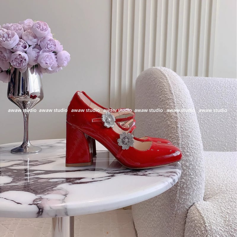 Pantofi Mary Jane pentru femei, vârf pătrat, piele lacuită, cataramă cu cristale în formă de floare, toc mic și gros, închidere cu cataramă, încălțăminte casual