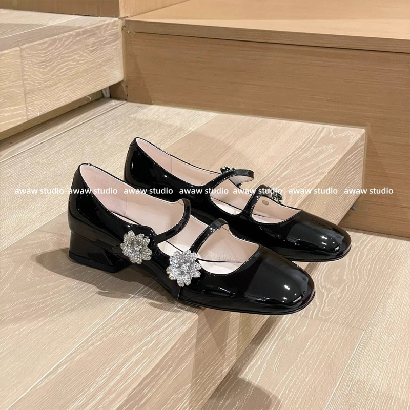 Pantofi Mary Jane pentru femei, vârf pătrat, piele lacuită, cataramă cu cristale în formă de floare, toc mic și gros, închidere cu cataramă, încălțăminte casual