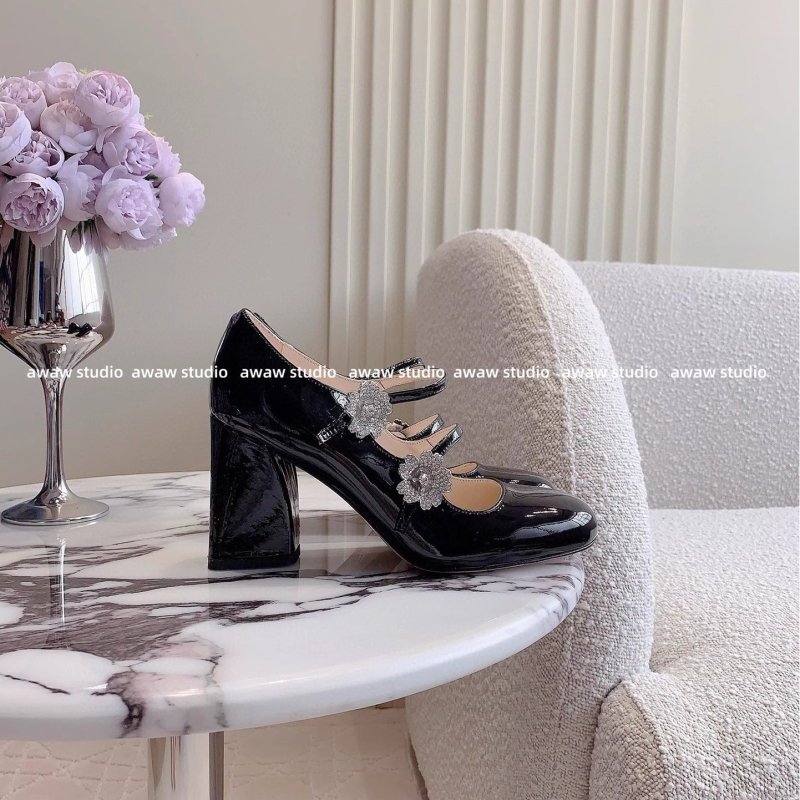 Pantofi Mary Jane pentru femei, vârf pătrat, piele lacuită, cataramă cu cristale în formă de floare, toc mic și gros, închidere cu cataramă, încălțăminte casual