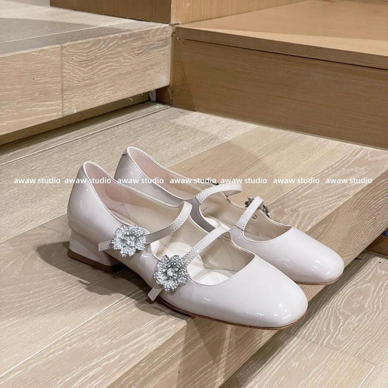 Pantofi Mary Jane pentru femei, vârf pătrat, piele lacuită, cataramă cu cristale în formă de floare, toc mic și gros, închidere cu cataramă, încălțăminte casual
