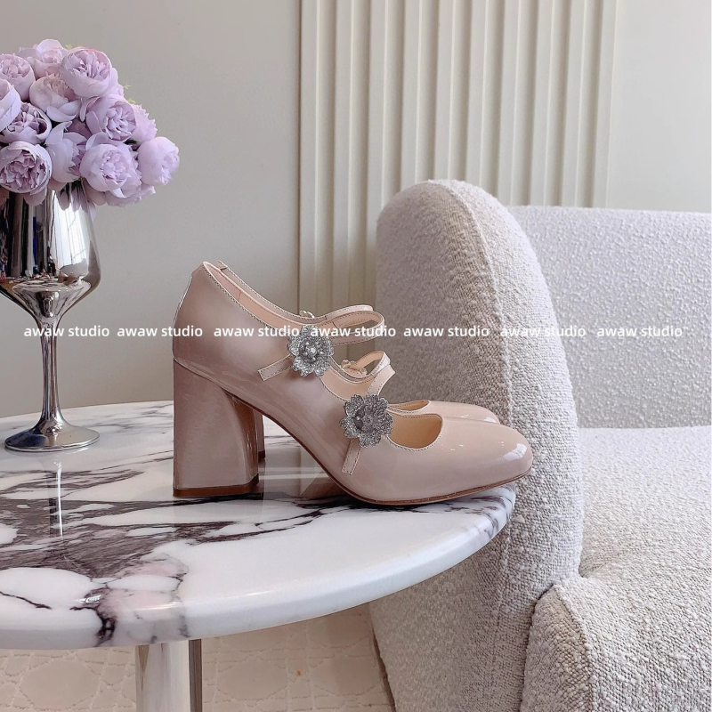 Pantofi Mary Jane pentru femei, vârf pătrat, piele lacuită, cataramă cu cristale în formă de floare, toc mic și gros, închidere cu cataramă, încălțăminte casual