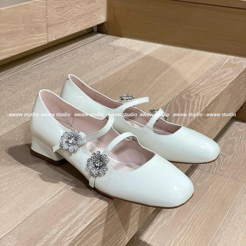 Pantofi Mary Jane pentru femei, vârf pătrat, piele lacuită, cataramă cu cristale în formă de floare, toc mic și gros, închidere cu cataramă, încălțăminte casual