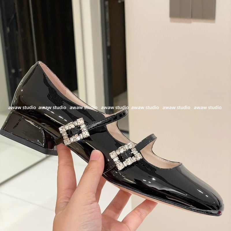 Pantofi Mary Jane pentru femei, vârf pătrat, piele lacuită, cataramă cu cristale în formă de floare, toc mic și gros, închidere cu cataramă, încălțăminte casual