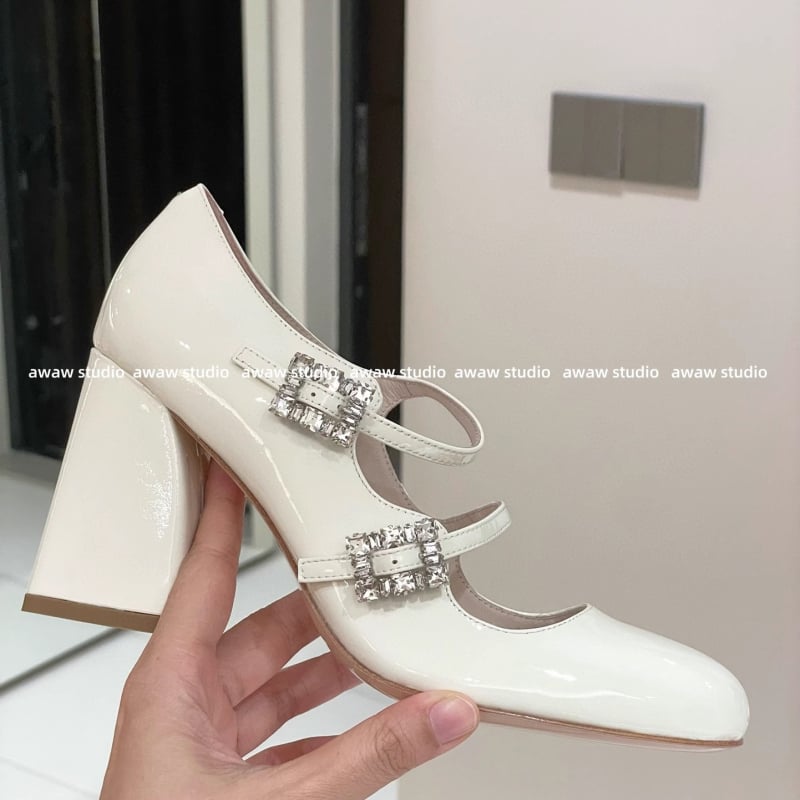 Pantofi Mary Jane pentru femei, vârf pătrat, piele lacuită, cataramă cu cristale în formă de floare, toc mic și gros, închidere cu cataramă, încălțăminte casual