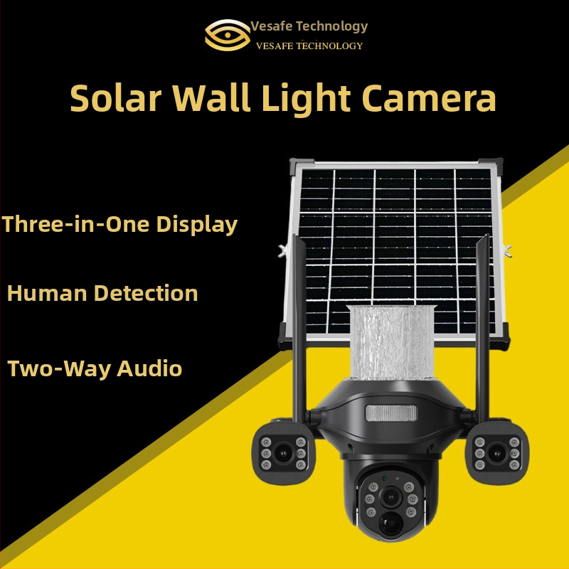 Āra LED saules paneļa sienas gaisma ar novērošanas kameru, horizontālā pagriešana 325°, vertikālā 90°, 5V DC, uz sienas piestiprināšana
