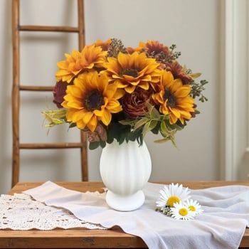 Μπουκέτο ηλιοτρόβων τεχνητών — ρεαλιστικά μεταξωτά άνθη, ημιχειροποίητη και ημιμηχανική κατασκευή, κατάλληλο για γάμους, αξεσουάρ φωτογράφισης και οικιακή διακόσμηση