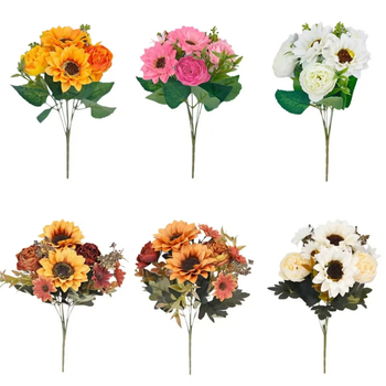 Μπουκέτο ηλιοτρόβων τεχνητών — ρεαλιστικά μεταξωτά άνθη, ημιχειροποίητη και ημιμηχανική κατασκευή, κατάλληλο για γάμους, αξεσουάρ φωτογράφισης και οικιακή διακόσμηση