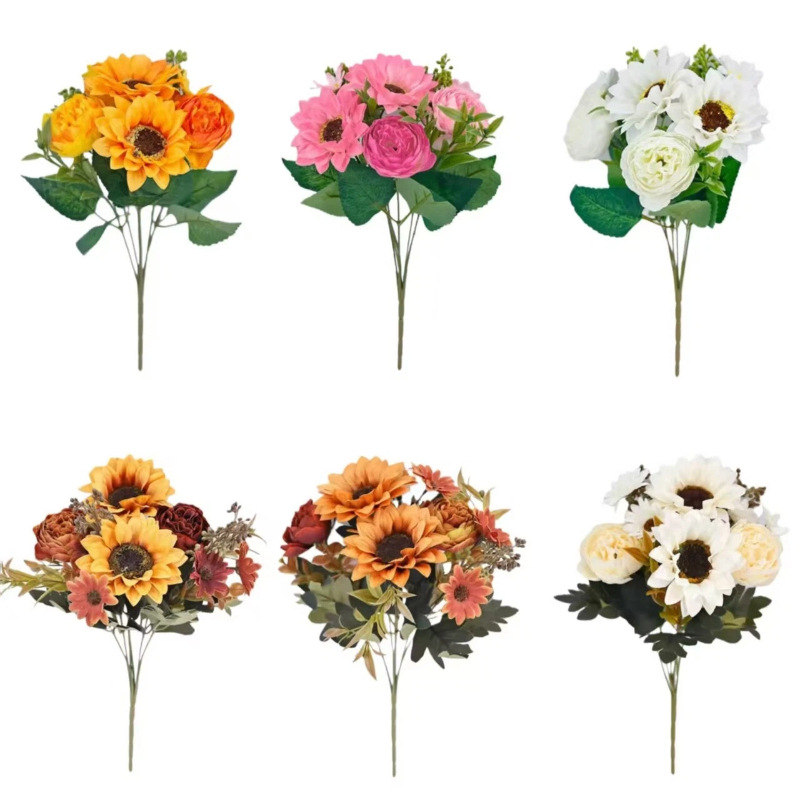 Μπουκέτο ηλιοτρόβων τεχνητών — ρεαλιστικά μεταξωτά άνθη, ημιχειροποίητη και ημιμηχανική κατασκευή, κατάλληλο για γάμους, αξεσουάρ φωτογράφισης και οικιακή διακόσμηση