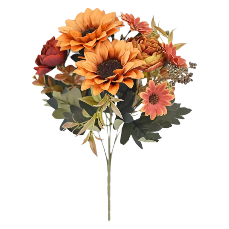 Μπουκέτο ηλιοτρόβων τεχνητών — ρεαλιστικά μεταξωτά άνθη, ημιχειροποίητη και ημιμηχανική κατασκευή, κατάλληλο για γάμους, αξεσουάρ φωτογράφισης και οικιακή διακόσμηση