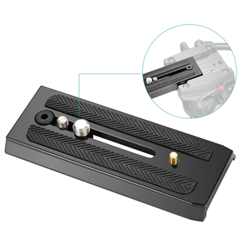 Placă de eliberare rapidă, prelungită, Jingshengda — aliaj de aluminiu; sarcină maximă 6–10 kg; compatibilă cu Manfrotto 500ah/701/577 și Benro S4/S6 PTZ.