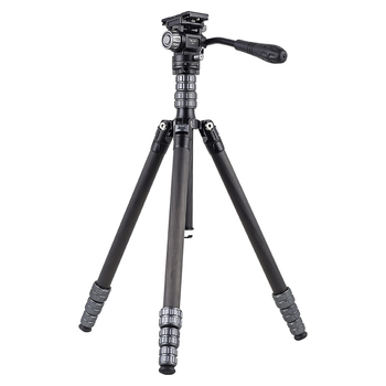 Trepied pentru cameră din fibră de carbon cu cap gimbal hidraulic, 4 secțiuni, placă de eliberare rapidă