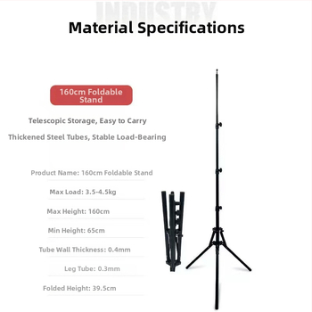 Reverzný skladací fotografický trojnožka z železa a nylonu; nosnosť 3,5–4,5 kg; 4-dielna konštrukcia; priemery trubíc: hlavné 0,4 mm, nožné 0,3 mm.