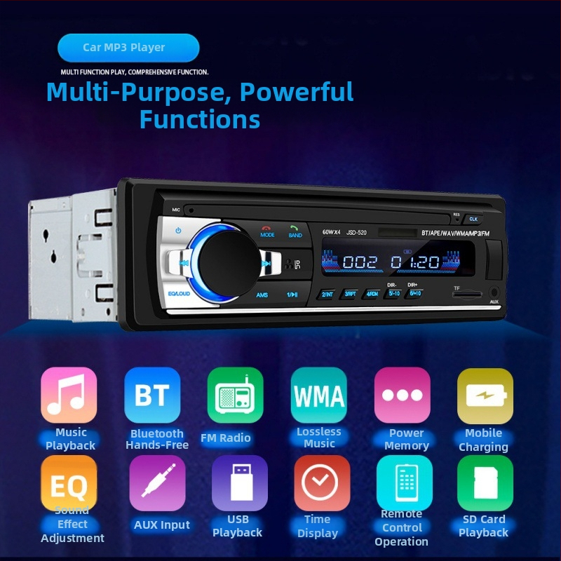 Autórádió Bluetooth MP3 lejátszó, 12V tápegység, TF-kártya és USB meghajtó támogatás, FM rádió, modell 520LCD