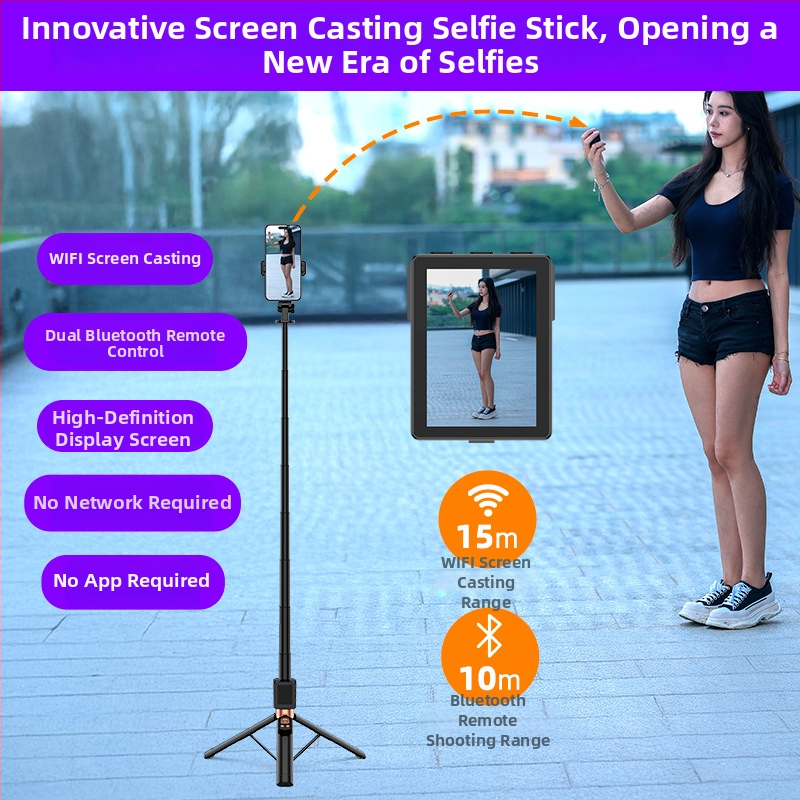 Selfie tyč s projekciou obrazovky, podlahový statív, Bluetooth diaľkové ovládanie, hliníkové telo, anti‑shake, možnosť prispôsobenia
