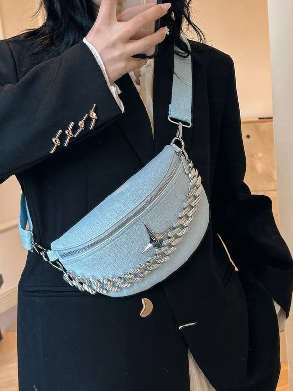 PU kožená sedlová taška s retiazkovým popruhom, zips, vrecko na telefón, vnútorný priestor, mestský štýl