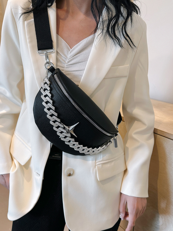 PU kožená sedlová taška s retiazkovým popruhom, zips, vrecko na telefón, vnútorný priestor, mestský štýl